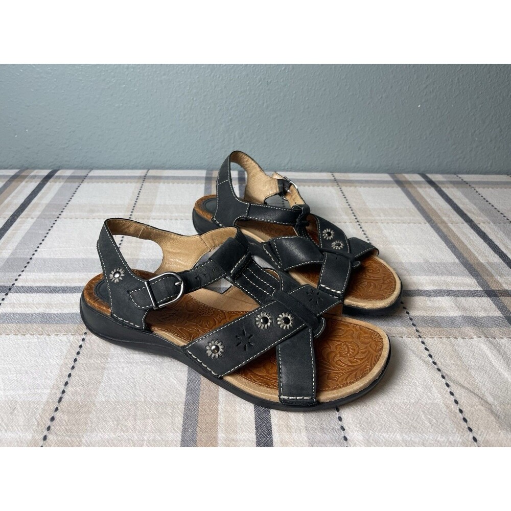 Ariat Zuma Black Leather Slingback Sandals Flats Womens 9 Buckle Floral Rivets